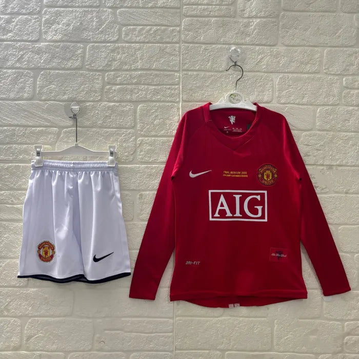 מנצ'סטר יונייטד חולצת בית ארוכה רטרו 2007/08 ילדים כולל מכנס